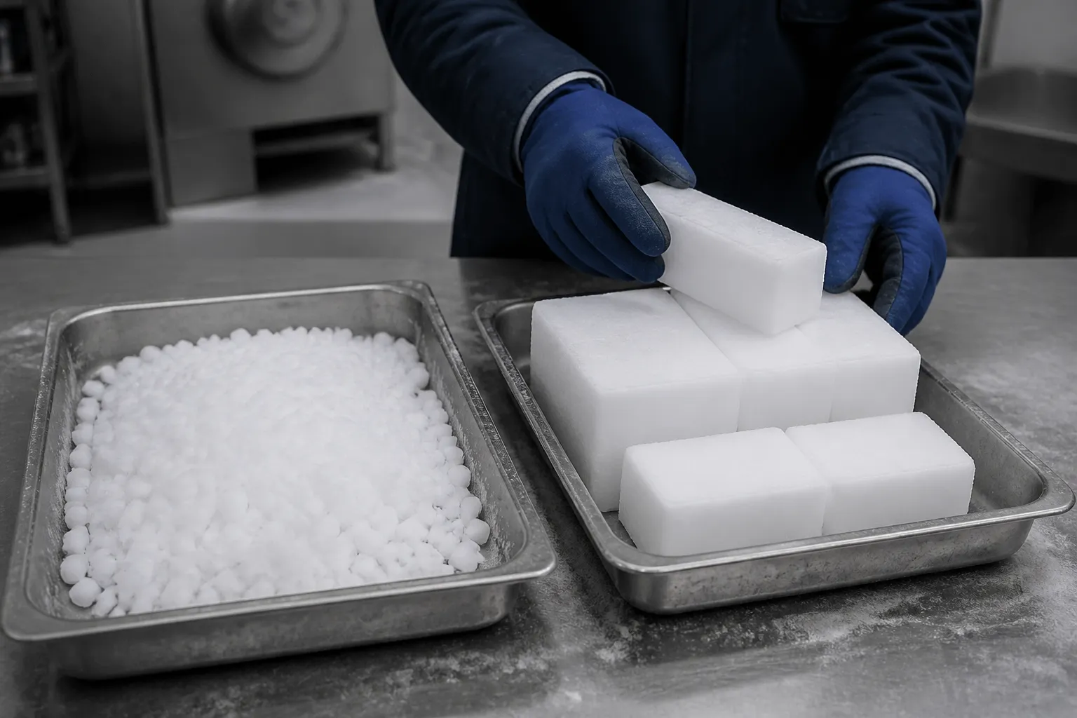 Dry ice pellets and dry ice blocks displayed for product comparison